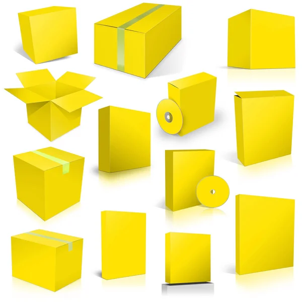 Třináct Žlutých Přepravních Krabic Softwarových Boxů Pro Rozložení Prezentaci Designu — Stock fotografie