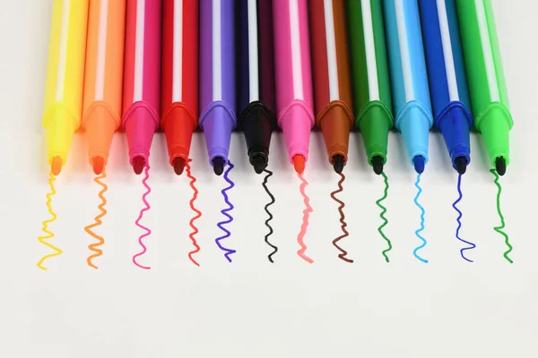 Lines Drawn Colored Markers Isolated White Background Extreme Closeup High — Photo
