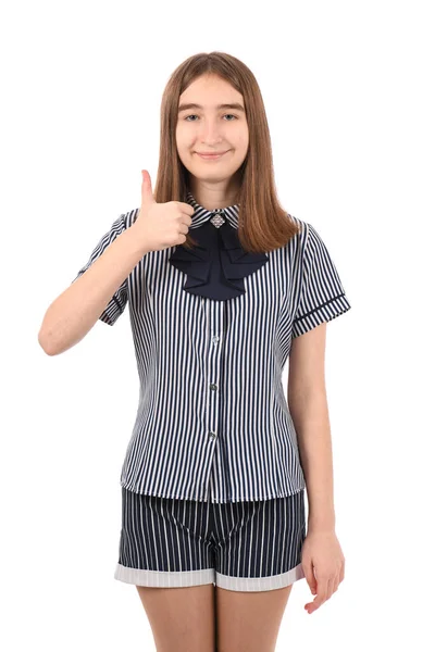 Junges Schönes Mädchen Schuluniform Auf Weißem Hintergrund Lächelnd Die Kamera — Stockfoto