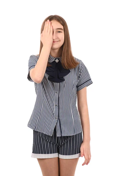 Ung Vacker Flicka Skola Uniform Vit Bakgrund Täcker Ett Öga — Stockfoto