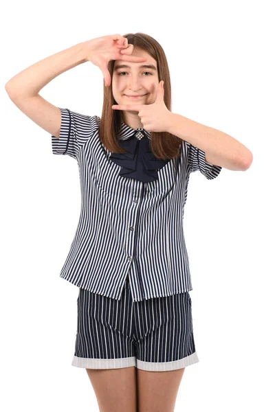 Young Beautiful Girl School Uniform White Background Smiling Making Frame — Stock Photo, Image