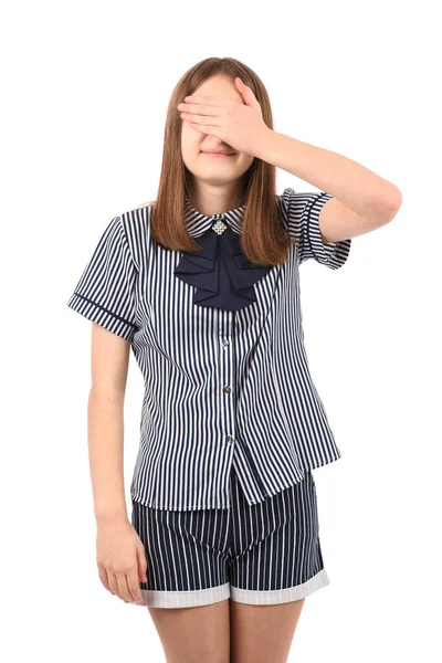 Young Beautiful Girl School Uniform White Background Smiling Laughing Hand — Stock Photo, Image
