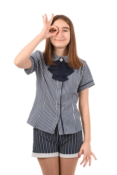 Junges Schönes Mädchen Schuluniform Auf Weißem Hintergrund Macht Geste Mit — Stockfoto