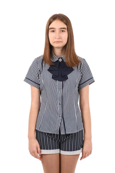 Young Beautiful Girl School Uniform White Background Sad Expression Smooth — Stock Photo, Image