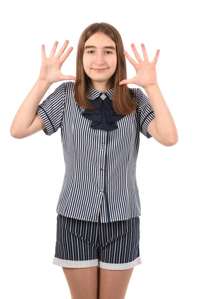 Mladá Krásná Dívka Školní Uniformě Bílém Pozadí Ukazuje Ukazuje Prsty — Stock fotografie