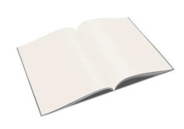 Sunum düzeni ve tasarım için White Magazine boş şablonu. 3 boyutlu görüntüleme. Dijital olarak oluşturulmuş resim. Beyaz arkaplanda izole.