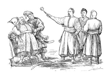 Bohdan Khmelnytskyi, M. Starytskyi kitabından bir görüntü. CRCA 1649: Bogdan Khmelnitsky Polonyalı komisyon üyelerinin idam emrini verdi. Onun ölüm emri Kissel tarafından dehşete düşürüldü..