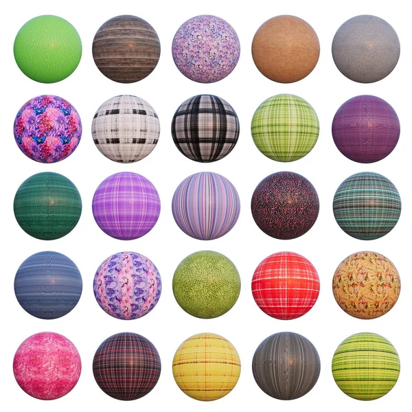 テクスチャスフィア 異なる材料の現実的な3Dボール プラスチックからマットとラウンドフォームを収集します ブランディング 会社のアイデンティティテンプレート 25色の幾何学的な形状のセット — ストック写真
