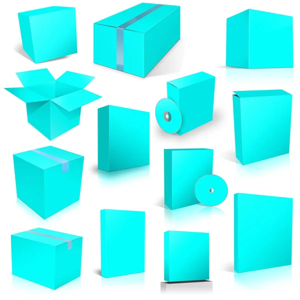 Trzynaście Cyjanogen Shipping Box Pudełka Oprogramowania Układów Projektowania Prezentacji Renderowanie — Zdjęcie stockowe