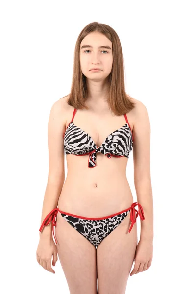 Young Beautiful Girl Swimsuit White Background Sad Expression Smooth Head — Stock Photo, Image