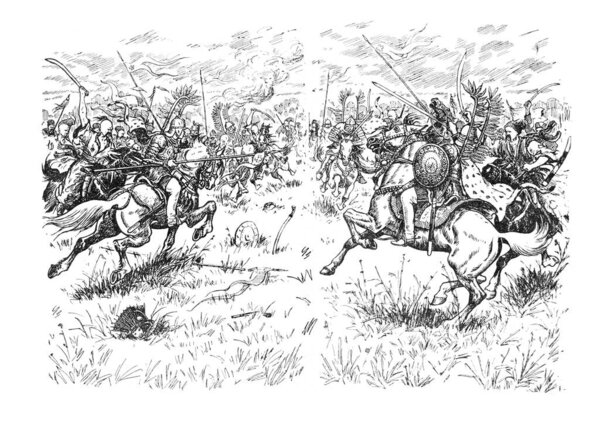 Illustration from the book Bohdan Khmelnytskyi, M. Starytskyi. CIRCA 1650: Military skirmish between the Cossacks and the Polish gentry. Around 1650-1652.