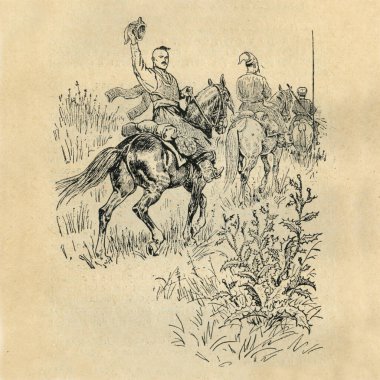 Bohdan Khmelnytskyi, M. Starytskyi kitabından bir görüntü. CIRCA 1645: Kazaklara elveda: Hryhoriy Ganzha ve Ivan Bohun, Kazak Ivan Bohun, yoldaşlarına saygı göstergesi olarak şapkasını kaldırdı.