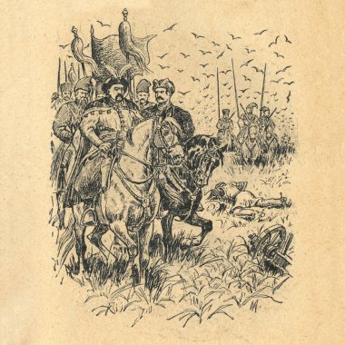 Bohdan Khmelnytskyi, M. Starytskyi kitabından bir görüntü. CIRCA 1648: Zhovti Vody 'deki Kazaklar Savaşı (Sarı Sular). İsyancıların ilk büyük zaferi..