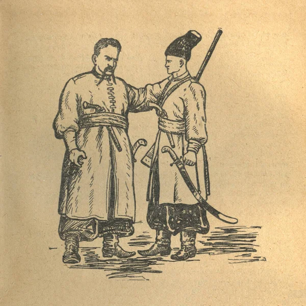 Bohdan Khmelnytskyi Starytskyi一书的说明 Circa 1647 Bohdan Khmelnytsky与长子Timko的对话 Tymko全副武装 — 图库照片