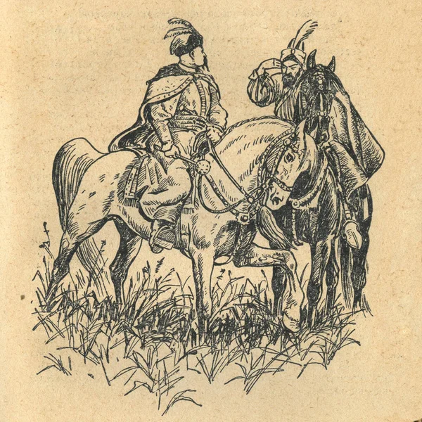 Bohdan Khmelnytskyi Starytskyi一书的说明 Circa 1648 Bohdan Khmelnytskyi在黄水战役前与他的朋友Tugaryn Bey的对话 两个人都骑马 — 图库照片