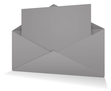 Sunum planları ve tasarım için gri posta zarfı boş şablonu. 3 boyutlu görüntüleme. Dijital olarak oluşturulmuş resim. Beyaz arkaplanda izole.
