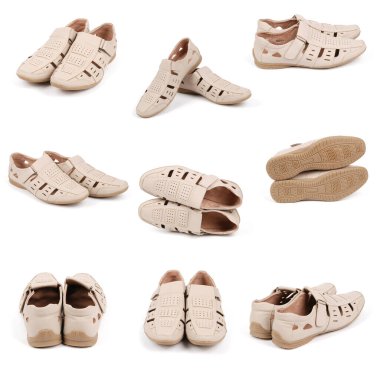 Beyaz arka planda bej erkek yaz ayakkabılarının dokuz açılı seçimi. Yüksek çözünürlüklü. Tam alan derinliği.