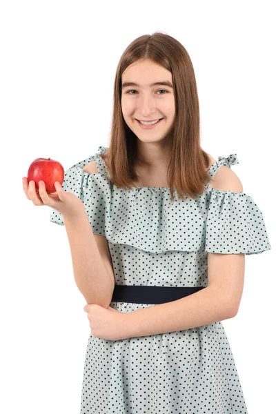 Νέο Όμορφο Κορίτσι Ένα Φόρεμα Ένα Κόκκινο Μήλο Στα Χέρια — Φωτογραφία Αρχείου
