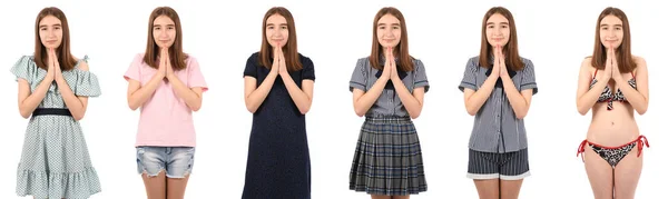 Κολάζ Του Νεαρού Όμορφου Κοριτσιού Απομονωμένο Λευκό Φόντο Προσεύχεται Χέρια — Φωτογραφία Αρχείου