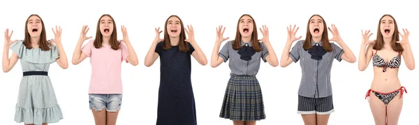 Collage Young Beautiful Girl Isolated White Background Crazy Mad Shouting — Stock Photo, Image