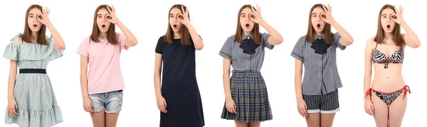 Collage Young Beautiful Girl Isolated White Background Doing Gesture Shocked — Stock Photo, Image