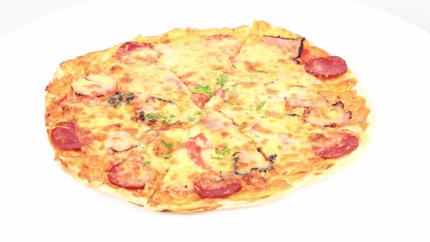 Deliziosa Pizza Italiana Bianco Movimento Del Loop Vista Laterale Rotazione Video Stock