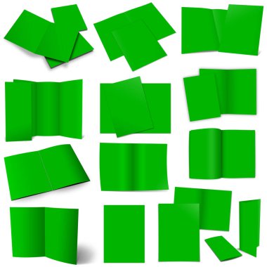 Planlar ve sunum tasarımı için 13 yeşil broşür. 3 boyutlu görüntüleme. Dijital olarak oluşturulmuş resim. Beyaz arkaplanda izole.