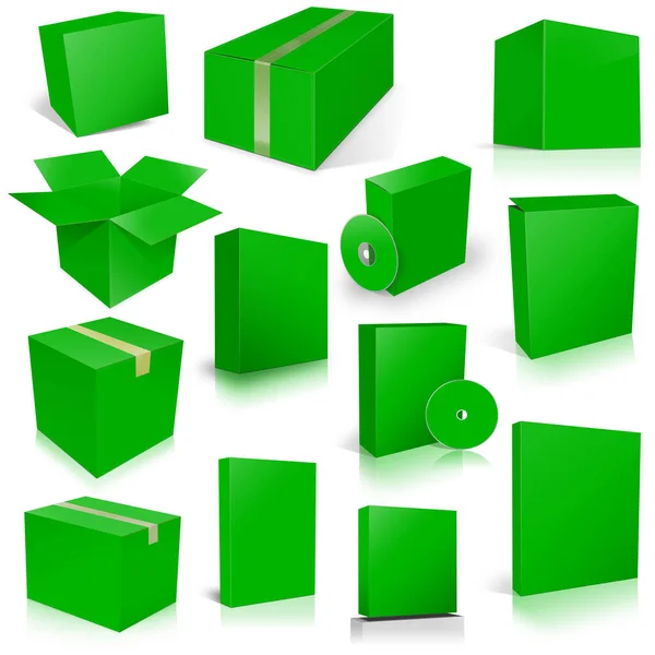 十三个绿色航运箱和软件箱用于布局和展示设计 3D渲染 数字生成的图像 因白人背景而被隔离 — 图库照片