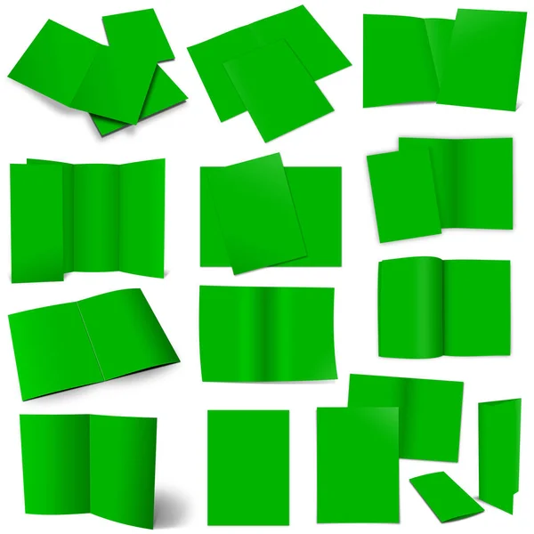 十三个绿色小册子的布局和展示设计 3D渲染 数字生成的图像 因白人背景而被隔离 — 图库照片
