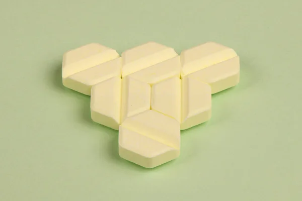 Hexagonal Pills Light Green Background Extreme Closeup High Resolution Photo — Fotografia de Stock