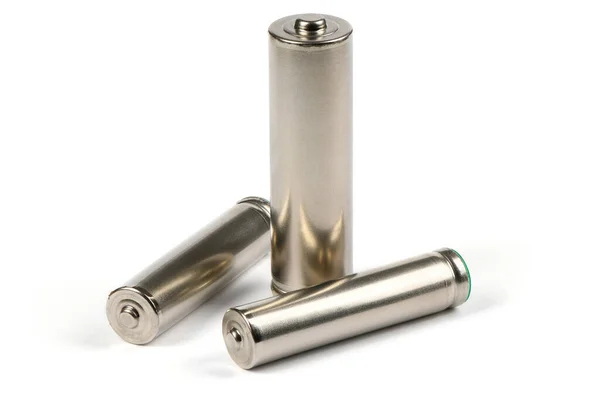 Twee Zilveren Aaa Batterijen Geïsoleerd Witte Achtergrond Extreme Close Zijaanzicht — Stockfoto