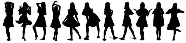 Black Silhouettes Teenager Girl Different Poses Isolated White Background High — Stock Photo, Image