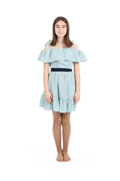 Junge Schöne Mädchen Einem Kleid Mit Tupfen Auf Weißem Hintergrund — Stockfoto