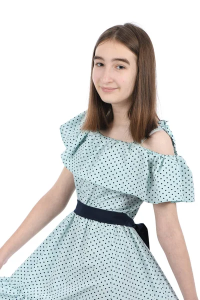Young Beautiful Girl Dress Polka Dots White Background High Resolution — Stock Photo, Image