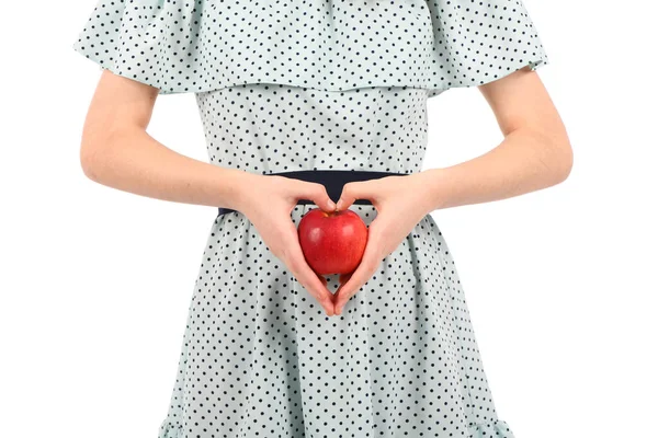 Junges Schönes Mädchen Einem Kleid Mit Einem Roten Apfel Den — Stockfoto