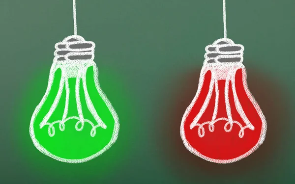 Tablica Narysowanymi Lampami Żarowymi Każda Lampa Świeci Czerwono Zielono Pojęcie — Zdjęcie stockowe