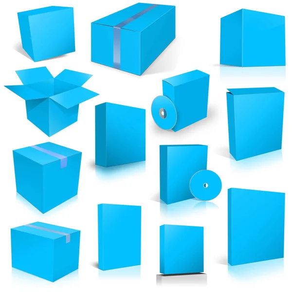 Dreizehn Hellblaue Versandboxen Und Software Boxen Für Layouts Und Präsentationsdesign — Stockfoto