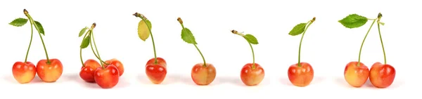 Kolekcja Jasnoczerwony Różny Słodki Czereśnia Zielony Liść Boczny Widok Odizolowany — Zdjęcie stockowe
