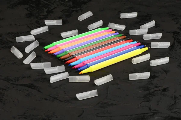 Colored Markers Isolated Black Background Extreme Closeup High Resolution Photo — Zdjęcie stockowe