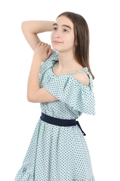 Młoda Piękna Dziewczyna Sukience Kropkami Polki Białym Tle Zdjęcie Wysokiej — Zdjęcie stockowe