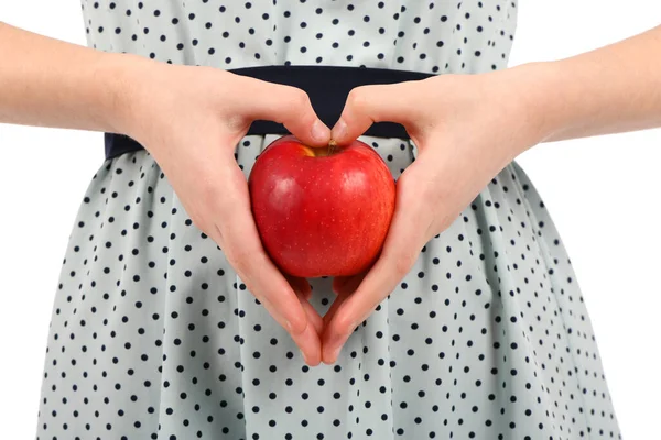 Ung Vacker Flicka Klänning Med Ett Rött Äpple Händerna Isolerad — Stockfoto