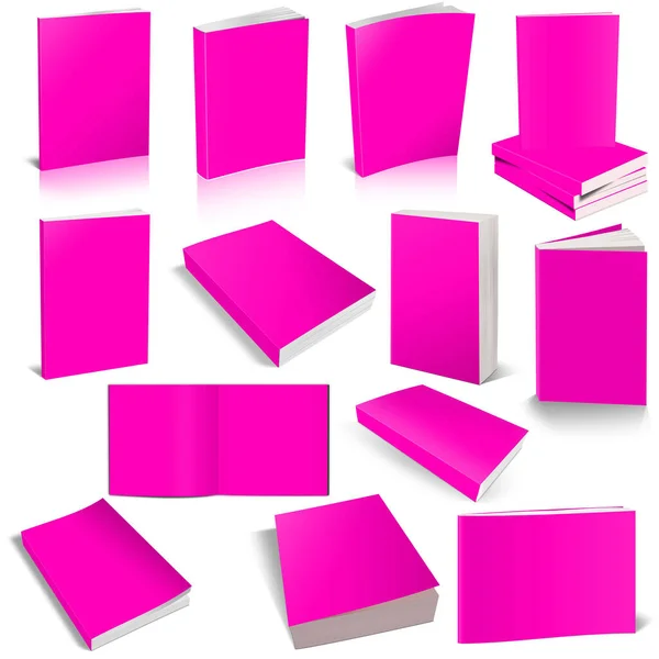 Thirteen Paperback Books Blank Magenta Template Presentation Layouts Design Rendering — Stock Photo, Image