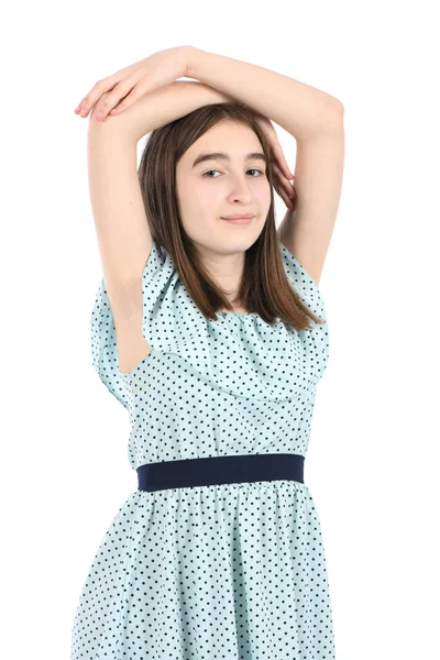 Junge Schöne Mädchen Einem Kleid Mit Tupfen Auf Weißem Hintergrund — Stockfoto