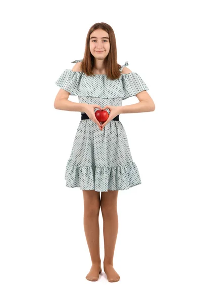Mladá Krásná Dívka Šatech Červeným Jablkem Rukou Izolované Bílém Pozadí — Stock fotografie