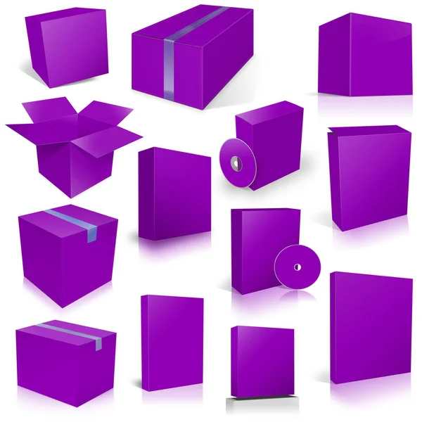 Thirteen Violet Shipping Box Software Boxes Layouts Presentation Design Rendering — Stock Photo, Image