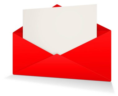 Sunum düzeni ve tasarım için kırmızı posta zarfı boş şablonu. 3 boyutlu görüntüleme. Dijital olarak oluşturulmuş resim. Beyaz arkaplanda izole.