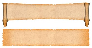 Eski ve yıpranmış kağıt ruloları. Metin ya da kopya için bolca yeri var. Beyaz arkaplanda izole edilmiş eski kağıt boş yüzey.