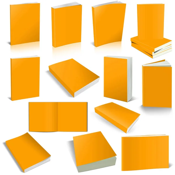 13冊のペーパーバックの本は プレゼンテーションのレイアウトとデザインのための空のオレンジテンプレートです 3Dレンダリング デジタル生成された画像 白い背景に隔離される — ストック写真