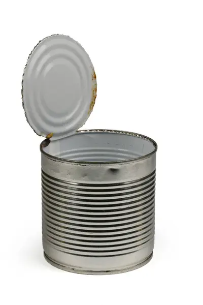 Close Shot Various Open Metal Tin Cans Isolated White Background — Stock Photo, Image