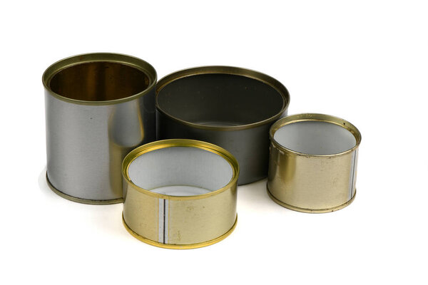 Open old metal tin cans isolated on white background. High resolution photo. Full depth of field.